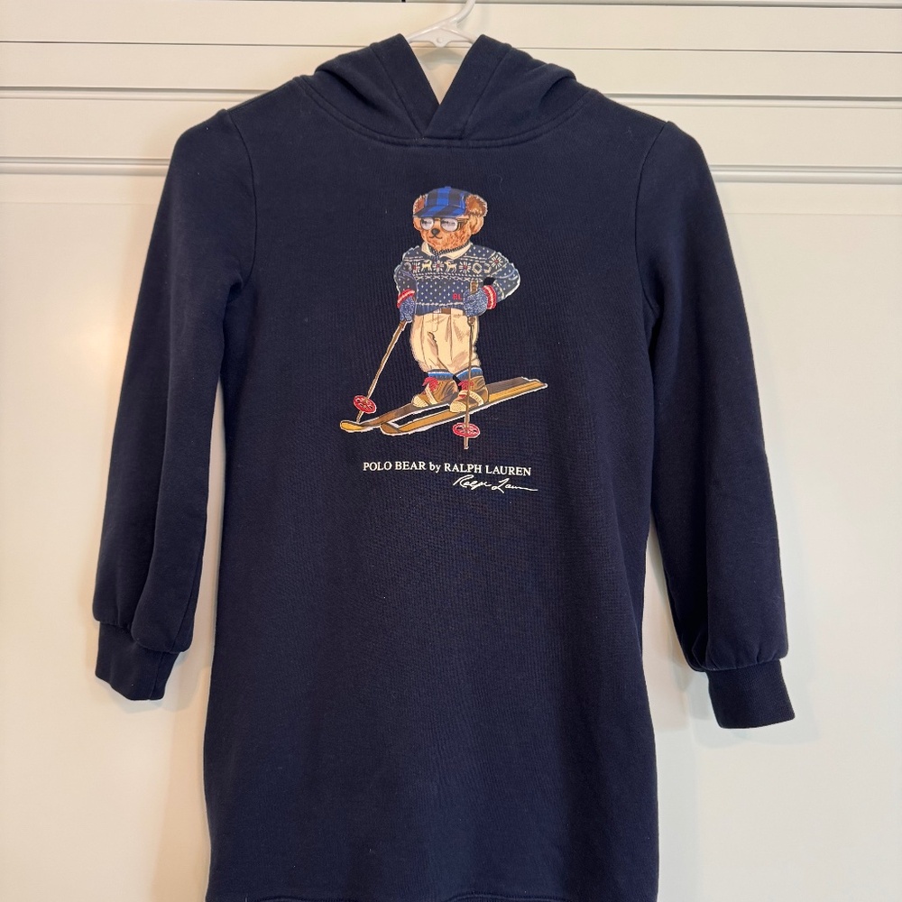 Ralph Lauren Girls Polo Bear Fleece Dress navy blue Size M 8/10